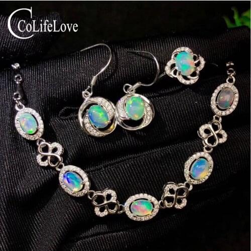 CoLife Jewelry 925 Silver Opal Jewelry Set for Wedding 100% Real Natural Opal Wedding Set Classic 925 Sivler Jewelry Set