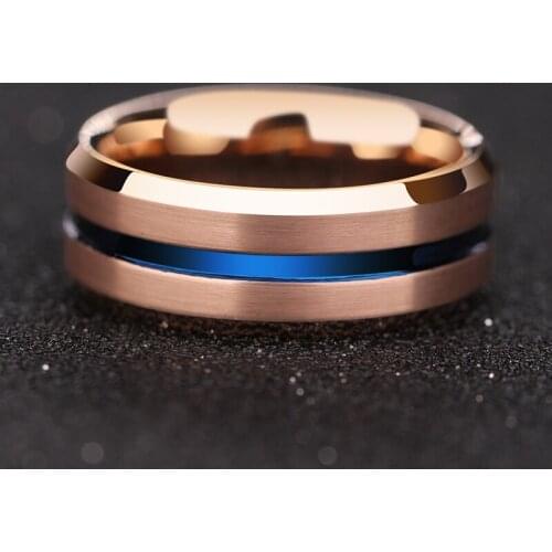 New Arrival 8mm Brushed Rose Gold Tungsten Carbide Wedding Rings Groove Blue Inlay Unisex Band for Man Jewelry Size 7-13