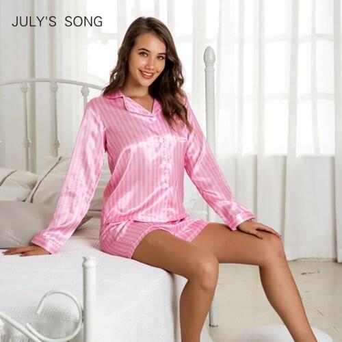 JULYS SONG Women Pajamas Pink Striped Faux Silk Satin Pajamas Spring Summer Sleepwear Long Sleeves Shorts Nightwear Homewear