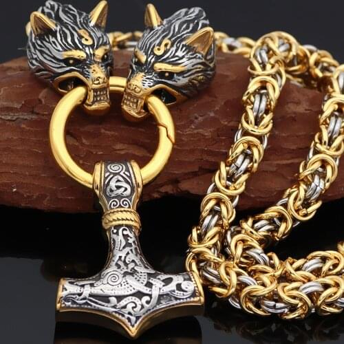 Hot popular nordic mythology viking Odin wolf head hammer pendant mens stainless steel metal necklace