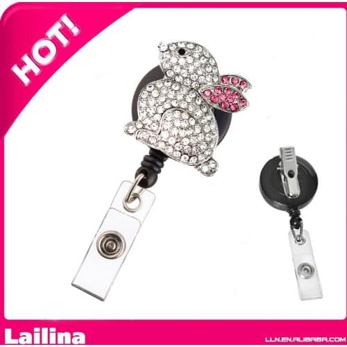 Clear Pink Ears Bunny Rabbit Rhinestone Retractable Badge Reel/ ID Badge Holder