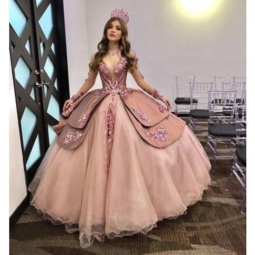 Puffy Cheap Quinceanera Dresses Ball Gown V-neck Long Sleeves Organza Appliques Sweet 16 Dresses