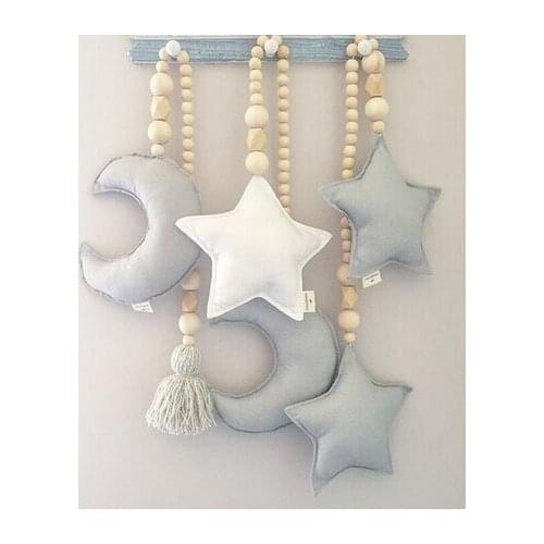 Nordic Wooden Beads Ornament Double Star Moon Kids Room Decoration Baby Crib Tent Hanging Pendant Wall Decor Photography Props