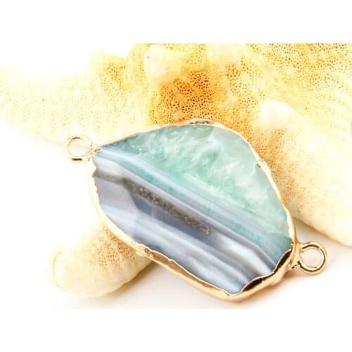 Blue Stripe Agates Irregular gold-plated semi-precious stone connector for jewelry making temperament accessories size 46x30x8mm
