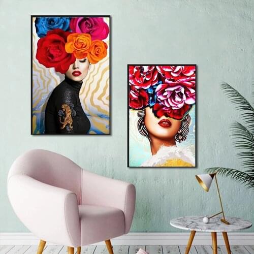 Modern Flower Beautiful Girl Canvas Posters Prints Wall Art Modern Abstract Painting for Girls Living Room Decoration Cuadros