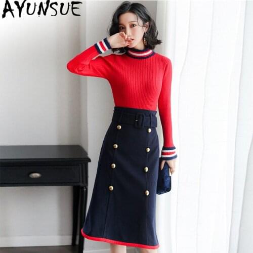 Spring Womens Clothes Two Piece Dress Set Red Knit Sexy Women Tops and High Waist Dress Temperament Womens Dresses VestidosLW084