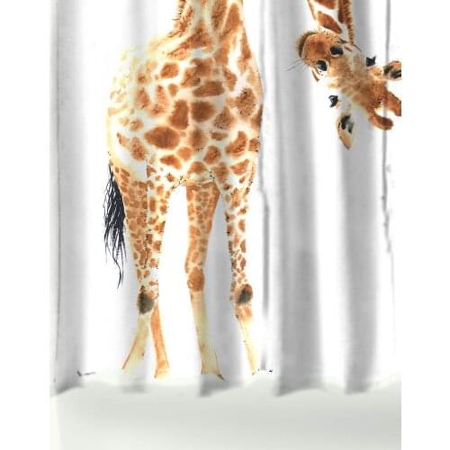 Funny Cartoon Giraffe Pattern Polyester Waterproof Shower Curtains with Rectangle Non-slip Floor Mat Bath Curtain Set