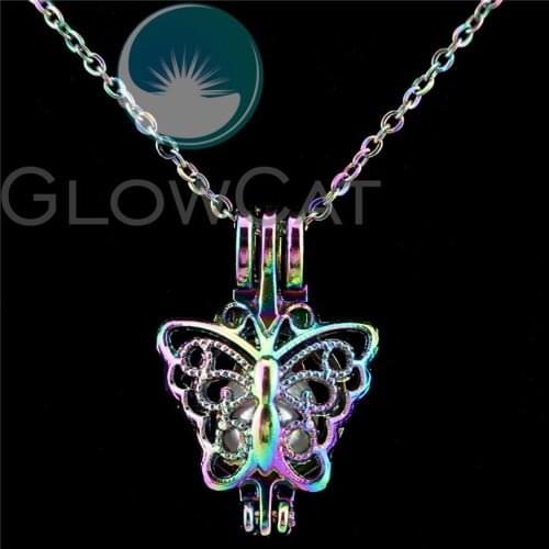 C681 Rainbow Color Insect Butterfly Beads Cage Perfume Essential Oil Diffuser Oyster Pearl Cage Locket Necklace