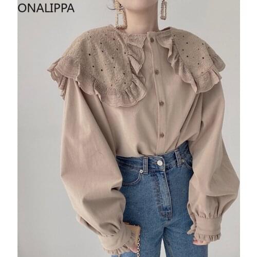 ONALIPPA Women Shirt 2021 Autumn French Retro Doll Collar Embroidery Fungus Lace Stitching Single-Breasted Long-Sleeved Blouses