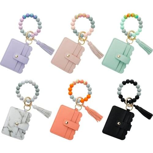 Female Silicone Bead Bracelet Key Chain PU Leather Card Bag Tassel Magic Color Wrist Bracelet Key Ring Handbag Decoration