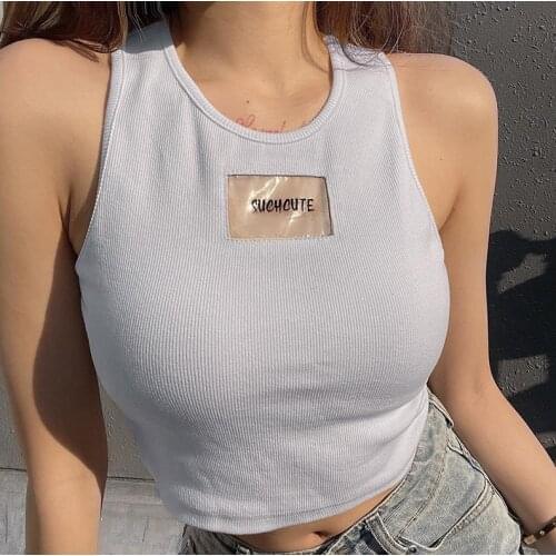 Womens Stretch Solid Tank Tops Cute Cutout Letter Print Sleeveless Crew Neck Slim Fit Crop Tops Versatile
