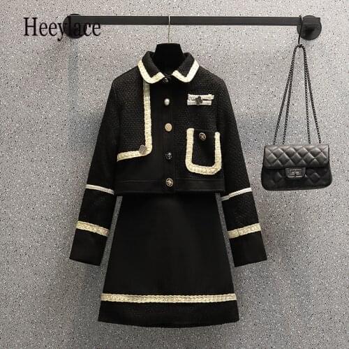 Plus Size Women Autumn Winter French Vintage Two Pieces Sets Female Elegant Long Sleeve Jackets And Black Midi Skirts Outfit 4XL