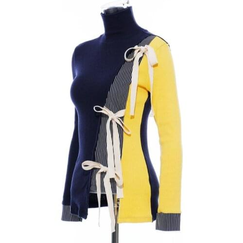 2020 Autumn Winter New Fashion Tide Splicing Frenum Long Sleeve Turtleneck Knitting Temperament Women Sweater Pullover Clothes