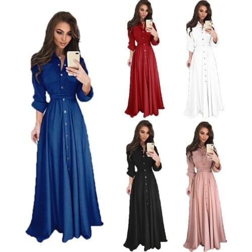 Autumn And Winter Fashion Casual Slim Fit Long Sleeve Lady Waist Button Dress Women Lace-up Long Outdoor Dress 5 Colors 8 Yards