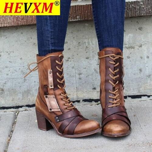 2020 New Women Winter Outdoor Lace-up Ankle Boots Ladies Square Heel PU Boot Plus Size 35-43 Casual Booties Woman Zapatos Mujer