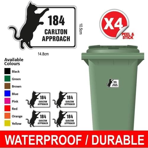 4X Personalised Printed Wheelie Bin Number Stickers House Number Street Name Style Multiple Colors