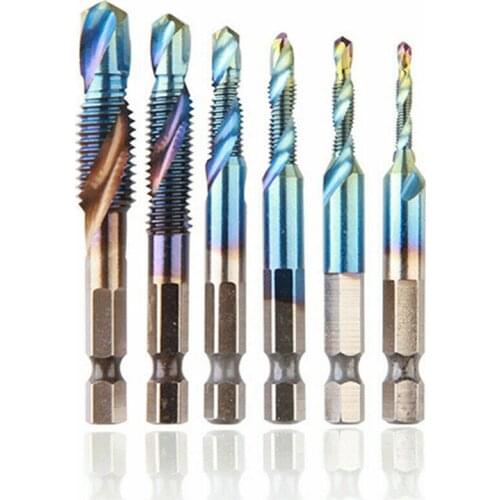 6PCS HSS 1/4" Hex Shank Tap Drill Bits Blue Titanium Plated Screw Thread Drill Bits & Chucks Set Hole Drilling Drill Bit