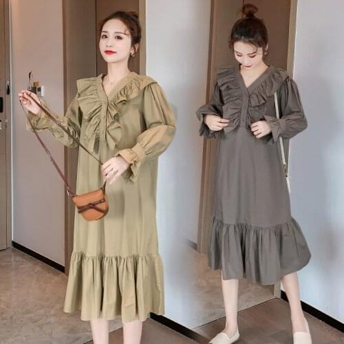 8728# Maternity Clothes Spring Autumn Long Sleeve Mid-Long Loose Stylish Dress for Pregnant Women Mom Dress