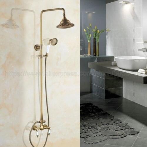 Antique Brass Rainfall Shower Set Faucet + Handheld Shower Wall Mounted 7" Rainfalll Showerhead zan110