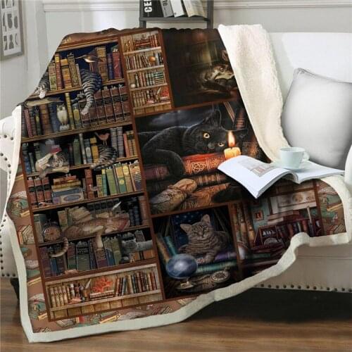 Library black cat 3D Printed Velvet Plush Throw Fleece Blankets Bedspreads Sherpa Blankets Couch Quilt Cover Travel Nap Beddings