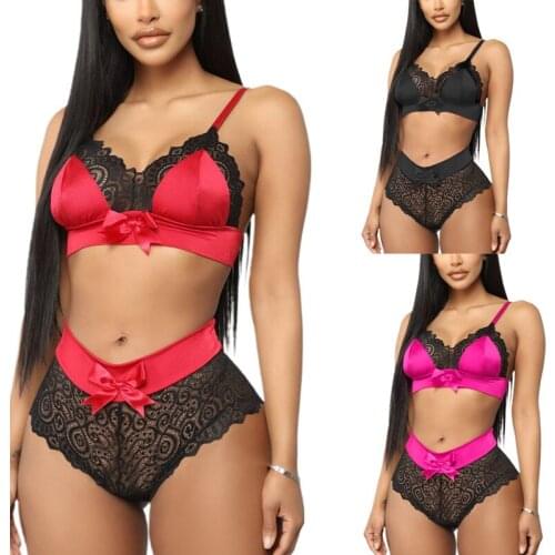 Imcute 2Pcs Sexy Lingerie Set Women Lace Pattern Bow Satin Trim Straps Bra Set Halter Open Deep V Hot Erotic Underwear Sets