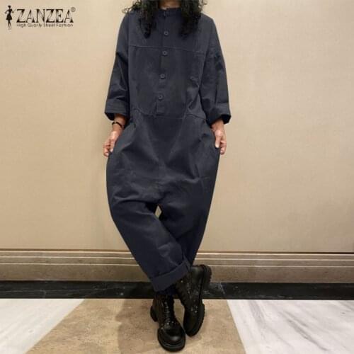 ZANZEA Autumn Vintage Long Sleeve Rompers Women Drop Crotch Jumpsuits Solid Loose Overalls Oversize Casual Buttons Long Playsuit