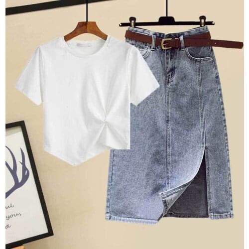 2 Pieces Set 2021 Summer New Shirt Top Split Women Design Denim Without Belt Skirt White Slim Tops