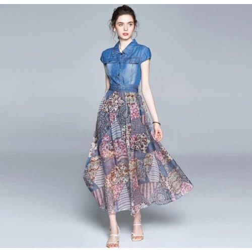LLZACOOSH 2020 New Fashion Women Summer Elegant Denim Dress High Quality Vintage Chiffon Print Designer Runway Dresses Vestidos