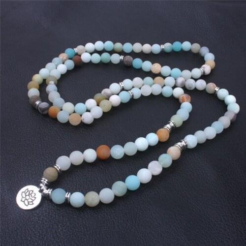 Fashion Women Bracelet Matte Frosted Amazonite Beads With Lotus OM Buddha Charm Yoga Bracelet Mala Necklace