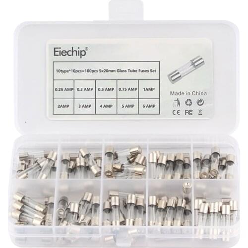 100pcs/box Glass Tube Fuses Set 5x20mm Assorted Quick Blow Glass Tube Fuse Set 0.25 0.3 0.5 0.75 1 2 3 4 5 6A 0.25A-6A 5*20mm
