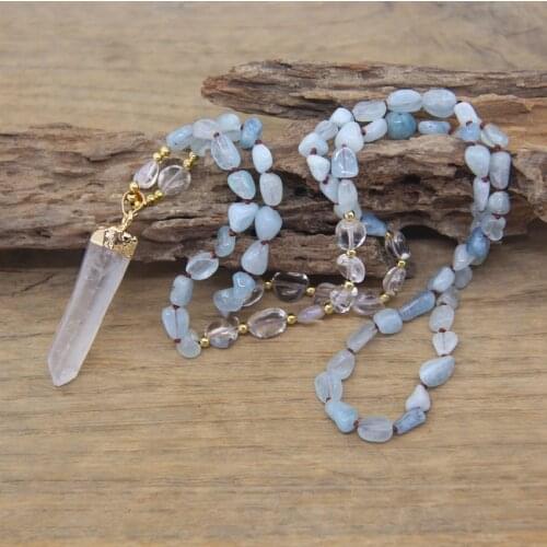 Natural Aquamarines Beads Handmade Knotted Necklace Raw Crystal Point Tusk Pendants Mala Yoga Women Boho Jewelry Dropship,QC0136