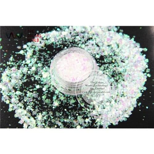 TCR03-H1 Iridescent white with pink light Colorful Hexagon shapes Glitter for nail art makeup DIY and Holidays decoration