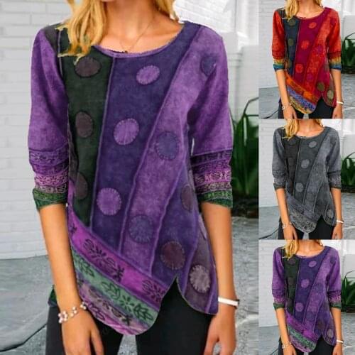 New Stylish Autumn Women Retro Printed Irregular Hem O Neck Long Sleeve Blouse T-shirt Tunic Tops
