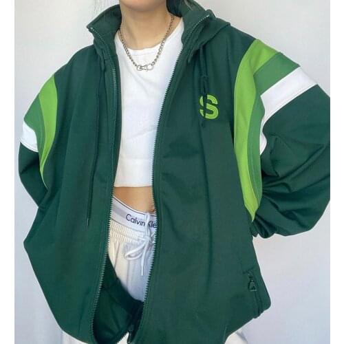 B-TOTO American Retro Green Stitching Hooded Casual Jacket Womens Trendy Ins Thin Jacket 2021 New Fashion
