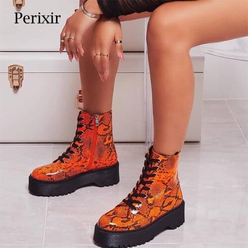 Perixir Lace-up Ankle Biker Boot Neon Orange Snake Print Short Platform Boots Women Shoes Autumn Winter Round Toe Ladies Shoes