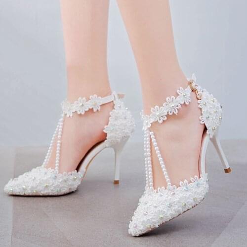 Crystal Queen Women White Rhinestone Lace Tassels Bead Bridal Shoes High Heel Shoes Women Dress Shoes Party Wedding Shoes