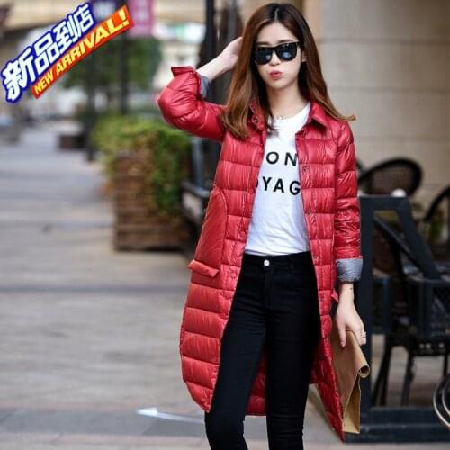 Womans Ultra Light Extra Long Down Jackets Slim Turn-Down Collar Down Coats White Duck Down Padded Buttons Parkas Woman JK-589