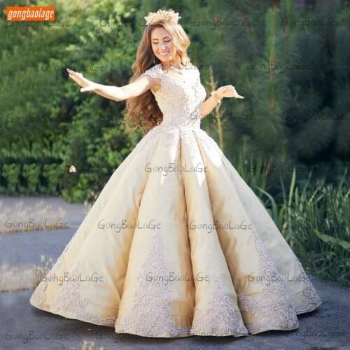 Sexy Champagne Satin Wedding Dress 2020 robe de soiree Lace Up Beaded fluffy Ball Gown Bride Dresses Long marry vestido de noiva