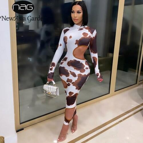 NewAsia Long Sleeve Dress Print Robe Cut out Crewneck High Waist Sexy Slim Fit Midi Women Dresses Party Wear Vestidos Casuales