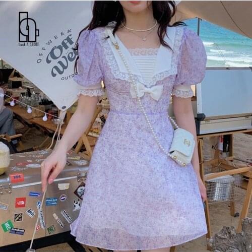 New Summer Chiffon Dress High Quality Oil Panting Sexy Peter Pan Collar Vintage Patchwork Lace Bow Midi Dress Vestidos 2021