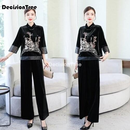 2021 women elegant cheongsam vietnam aodai elegant top+pants suit female two piece sets ao dai chinese sets oriental clothes