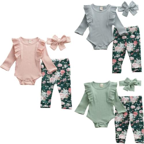 Newborn Baby Girl Clothes Solid Color Knitted Cotton Romper Tops Flower Print Long Pants Headband 3Pcs Outfits Clothes
