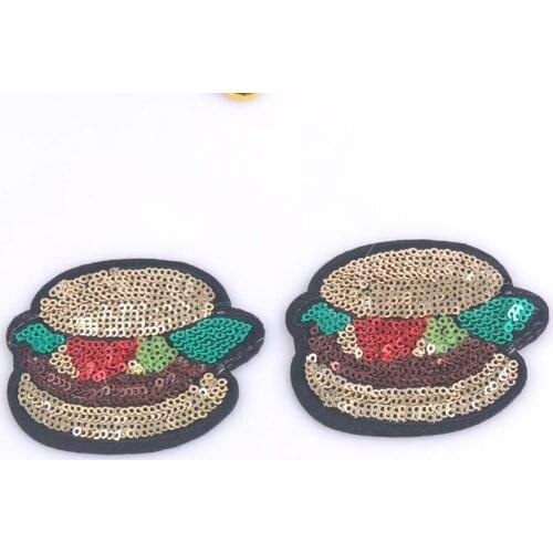 3pc HAMBURGER fifties style PATCH Embroidered Iron On Patches Clothes Sequins Patch POP Sequins DIY Free Ship 64x75mm cp1098