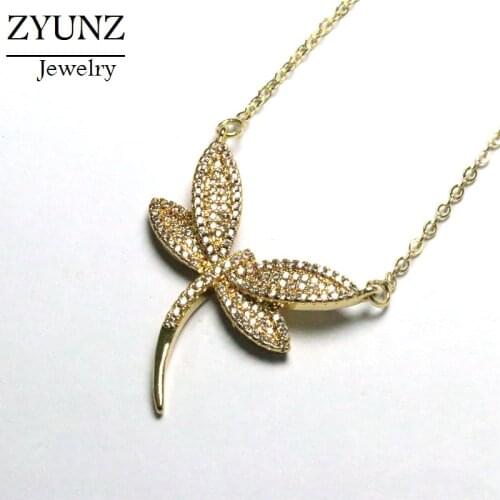 4PCS, Micro Pave CZ Gold / Silver Color Womens Fashion Jewelry Zirconia Dragonfly Pendant Necklace