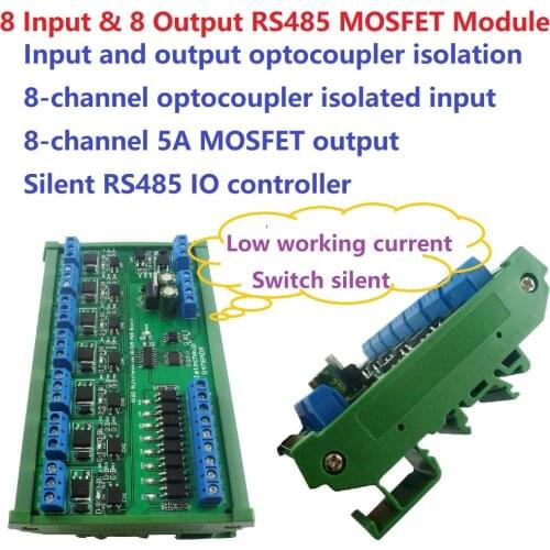 5A DC 6-24V 8I8O Multifunction Modbus RTU MOSFET Module Support 03 06 16 Function Code RS485 Switch Control Board DIN35 Rail Box