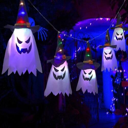 5PCS Glowing Halloween Unique Witch Hat LED Lighted Scary Glowing Ghost Hat Lights Hanging Pendant Garden Home Halloween Decor