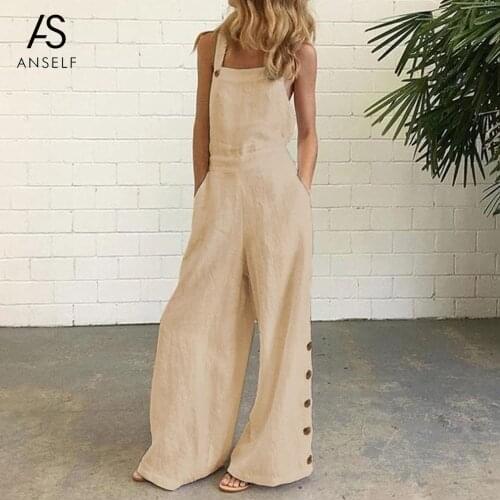 ANSELF Women Jumpsuit 2021 Summer New Fashion Vintage Solid Overalls Sleeveless Pocket Zipper Loose Casual Romper Overall