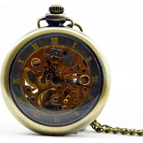 Vintage Rose Golden Hollow Mechanical Pocket Watch Men Skeleton Carving Steampunk Fob Hand Watch With Chain Necklace Women Men G