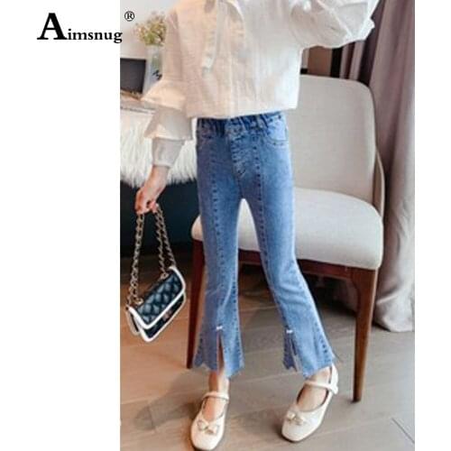 Children Jeans Blue Demin Pants Girls Split pearl Boot Cut Pantalon Streetwear 2021 Autumn Skinny Trouses Kids Demin Clothes