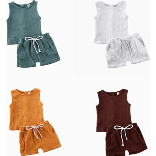 1-4Y Kids Baby Girls Loose Solid Cotton and linen Sleeveless Button-Down Top Short Pants 2PCS Outfit Set